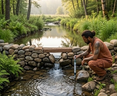 Inspecting a hand-built stone check dam on a stream โ concept render