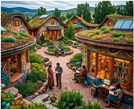 An aerial view of a cooperative cohousing village with green roofs — concept render