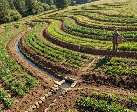 Hillside contour swales on a farm plot