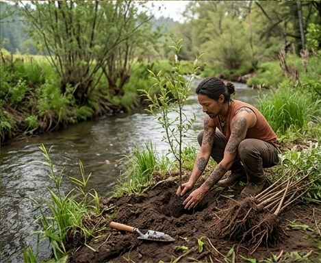 Planting a sapling along a stream bank