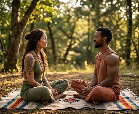 Two people in deep conversation outdoors